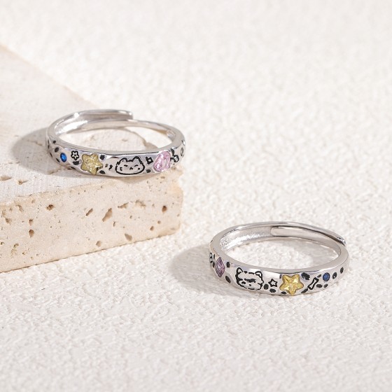 s925 sterling silver cat and dog couple rings for men and women, a high-end, cute and niche ring