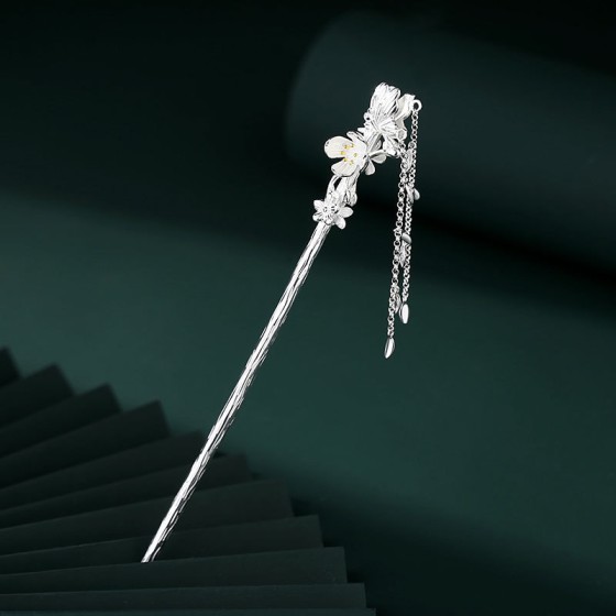 Butterfly Love Flower s925 pure silver electric gold leaf tassel hairpin with a high-end ancient style, a new trendy hairpin and hairpin